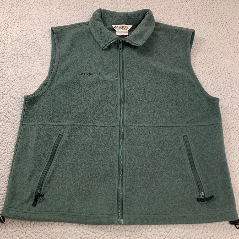 Columbia‎ Fleece Vest Mens Large Green Full Zip Zipper Pockets Cinch Hem